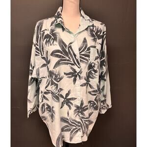 vintage women's plus size botanical tropical print 3/4 sleeve button down top 3x
